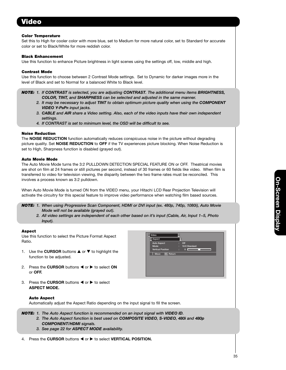 Video, On-scr een display | Hitachi 50V720 User Manual | Page 35 / 72