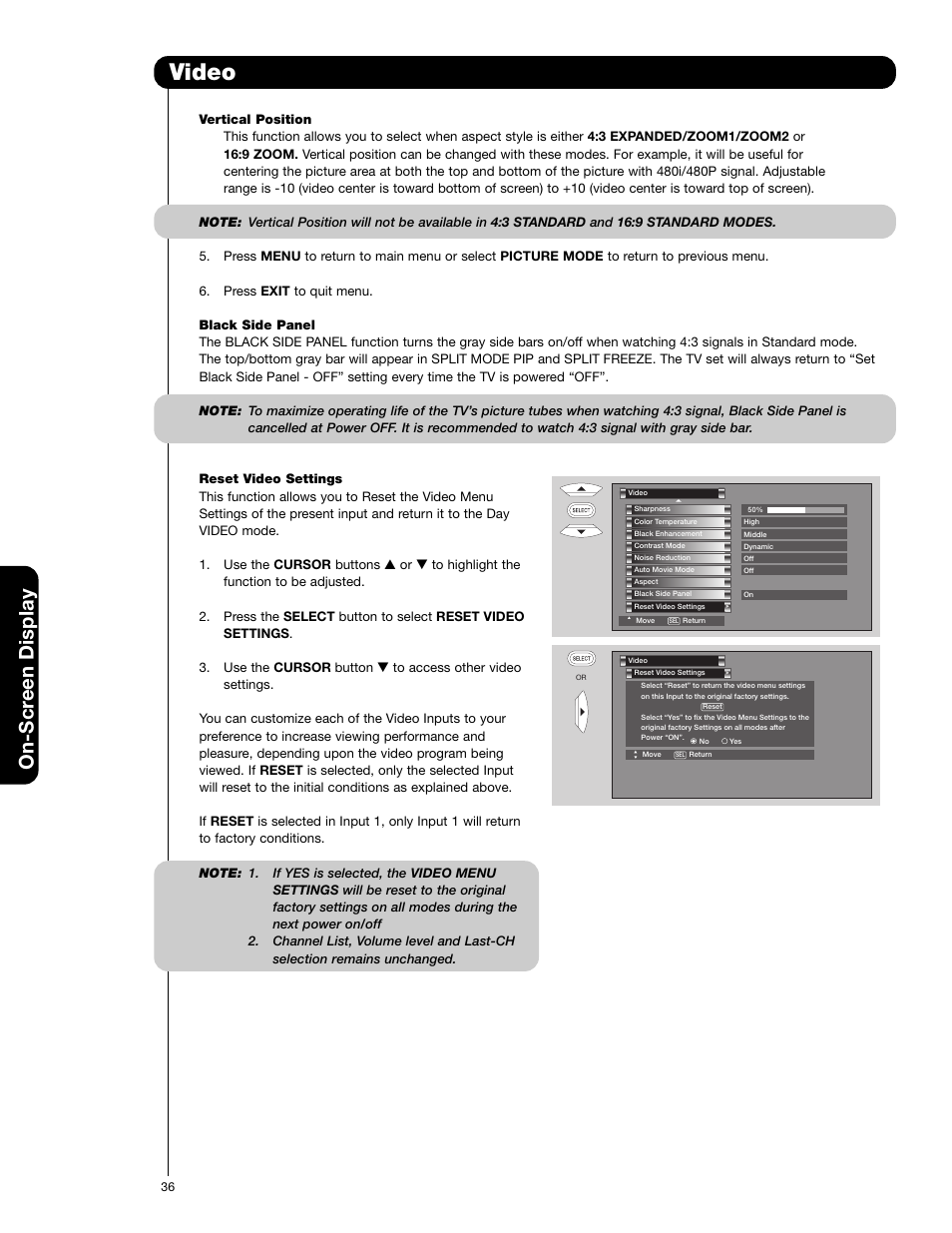 Video, On-scr een display | Hitachi 50V720 User Manual | Page 36 / 72