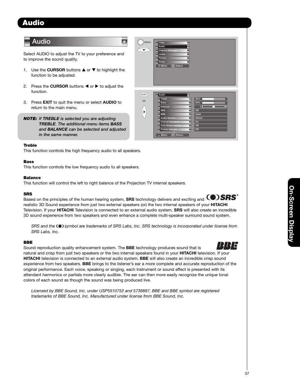 Audio, On-scr een display | Hitachi 50V720 User Manual | Page 37 / 72