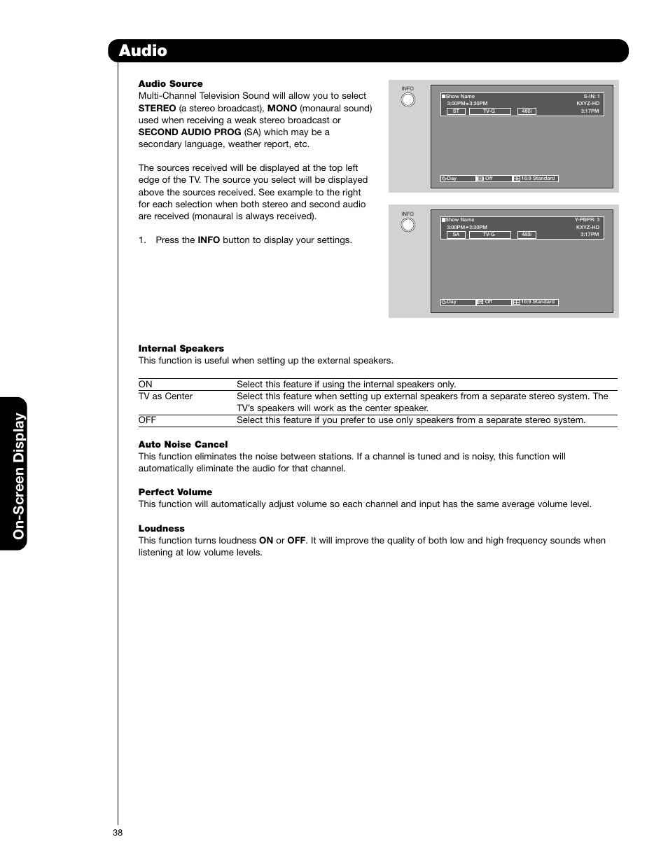 Audio, On-scr een display | Hitachi 50V720 User Manual | Page 38 / 72
