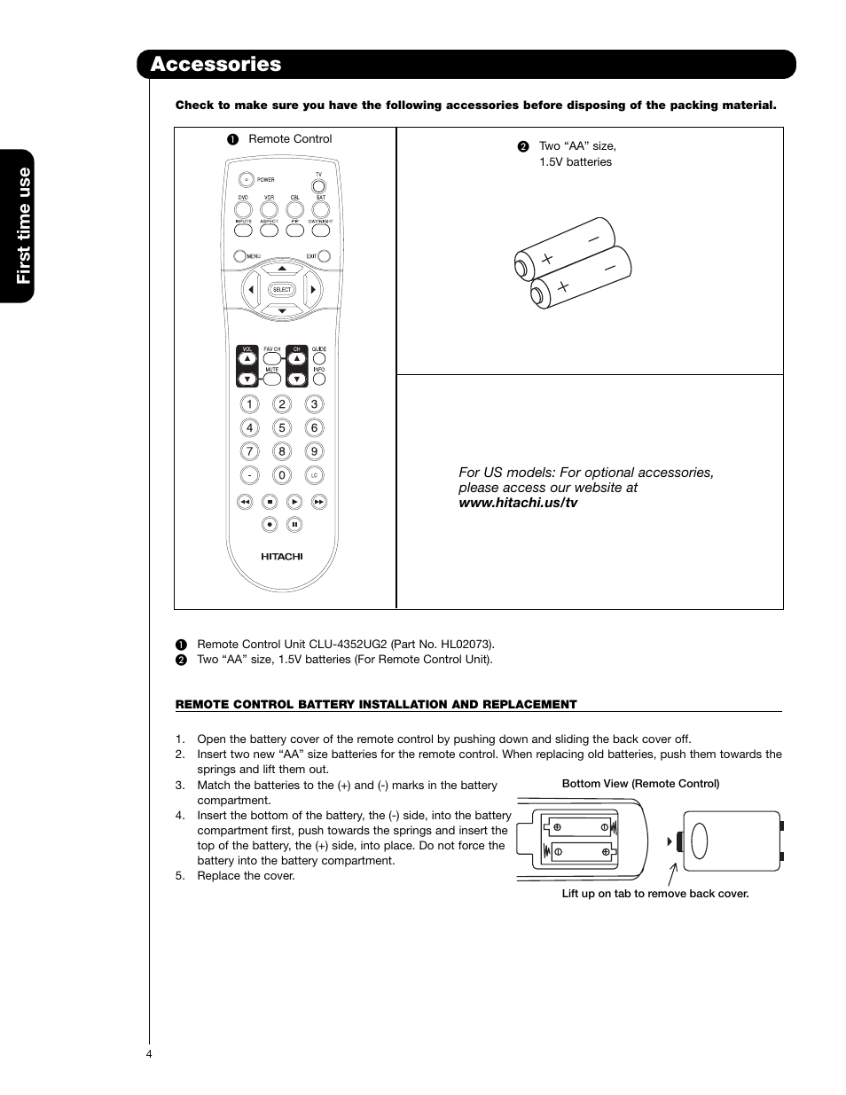 Accessories, First time use | Hitachi 50V720 User Manual | Page 4 / 72