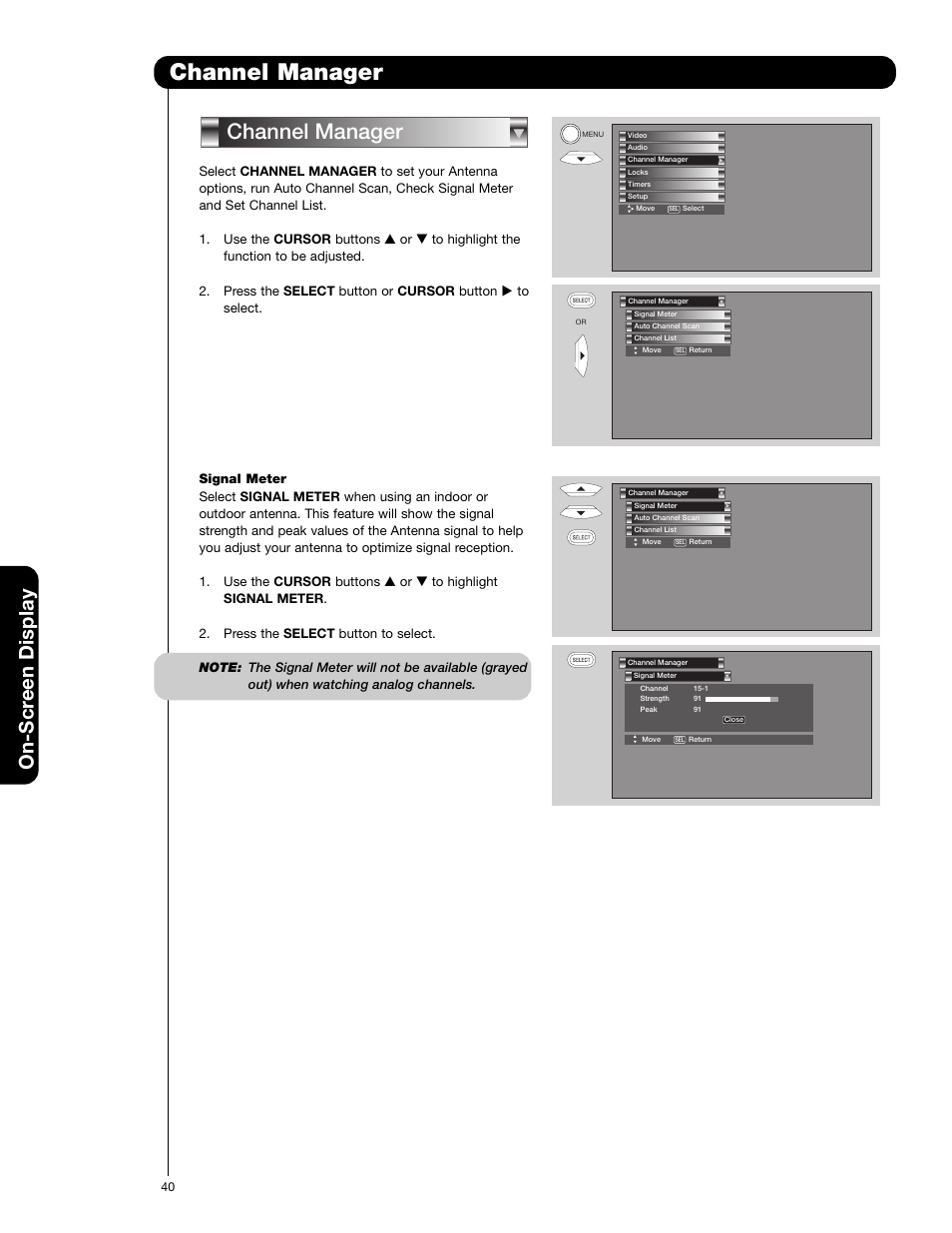 Channel manager, On-scr een display | Hitachi 50V720 User Manual | Page 40 / 72