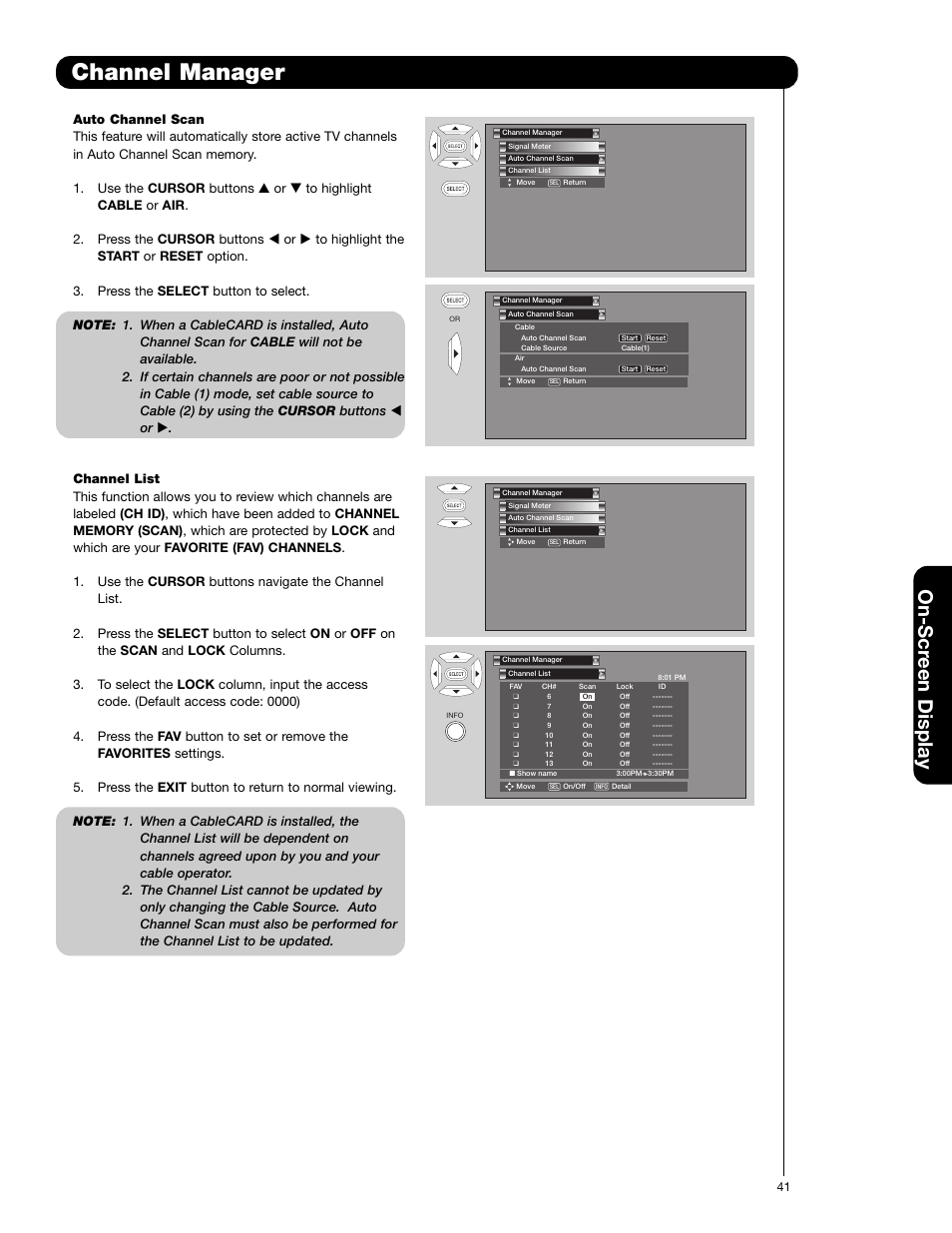 Channel manager, On-scr een display | Hitachi 50V720 User Manual | Page 41 / 72
