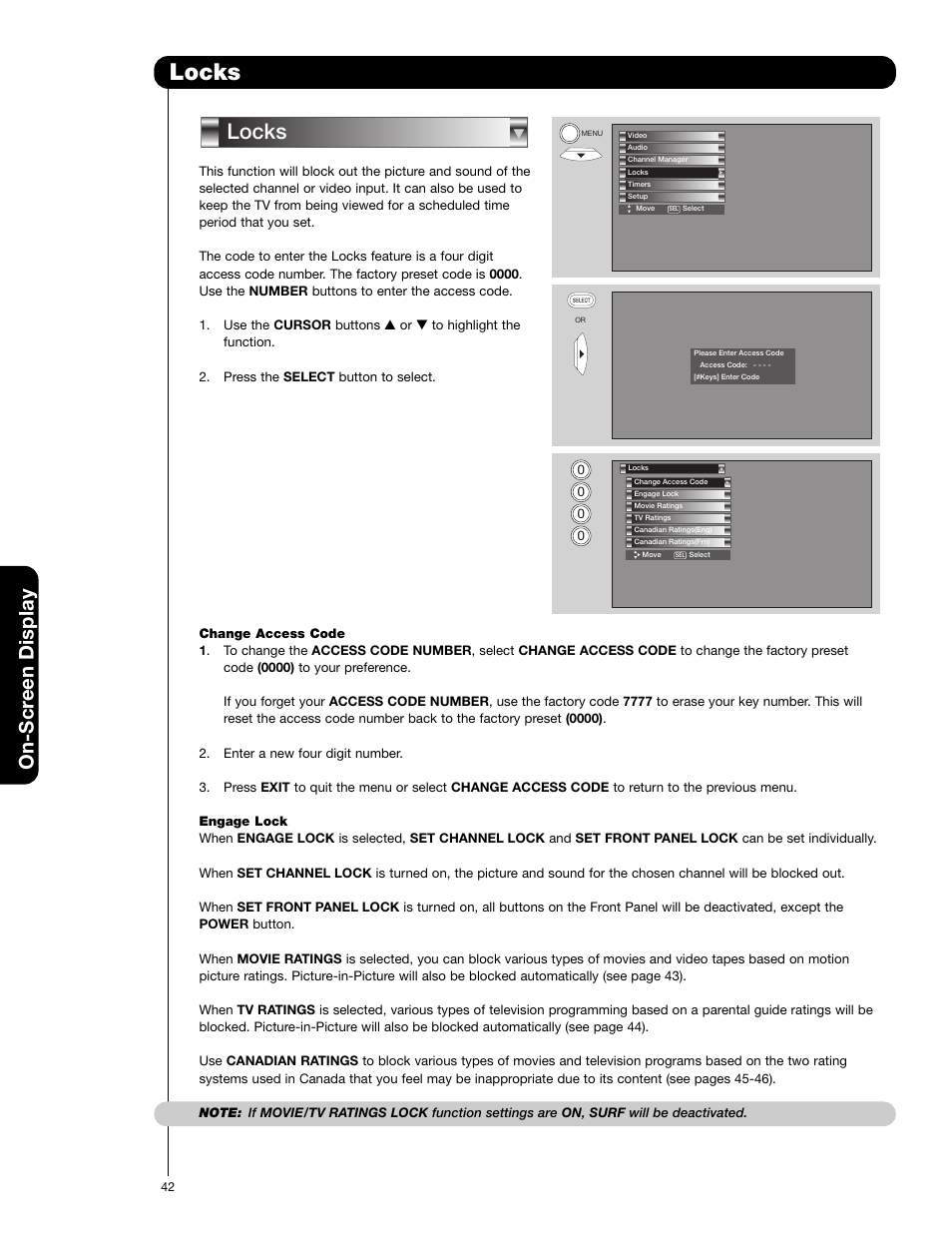 Locks, On-scr een display | Hitachi 50V720 User Manual | Page 42 / 72