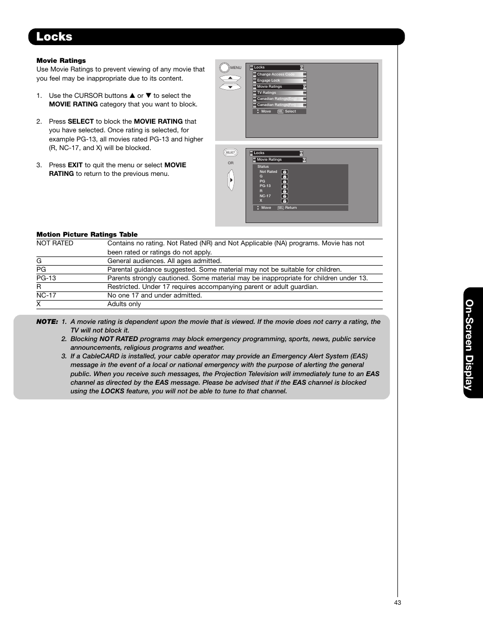 Locks, On-scr een display | Hitachi 50V720 User Manual | Page 43 / 72