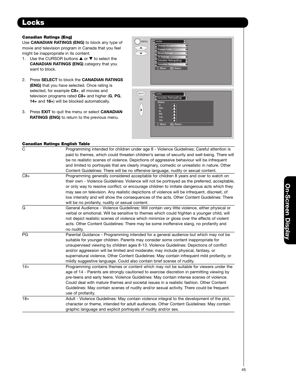 Locks, On-scr een display | Hitachi 50V720 User Manual | Page 45 / 72