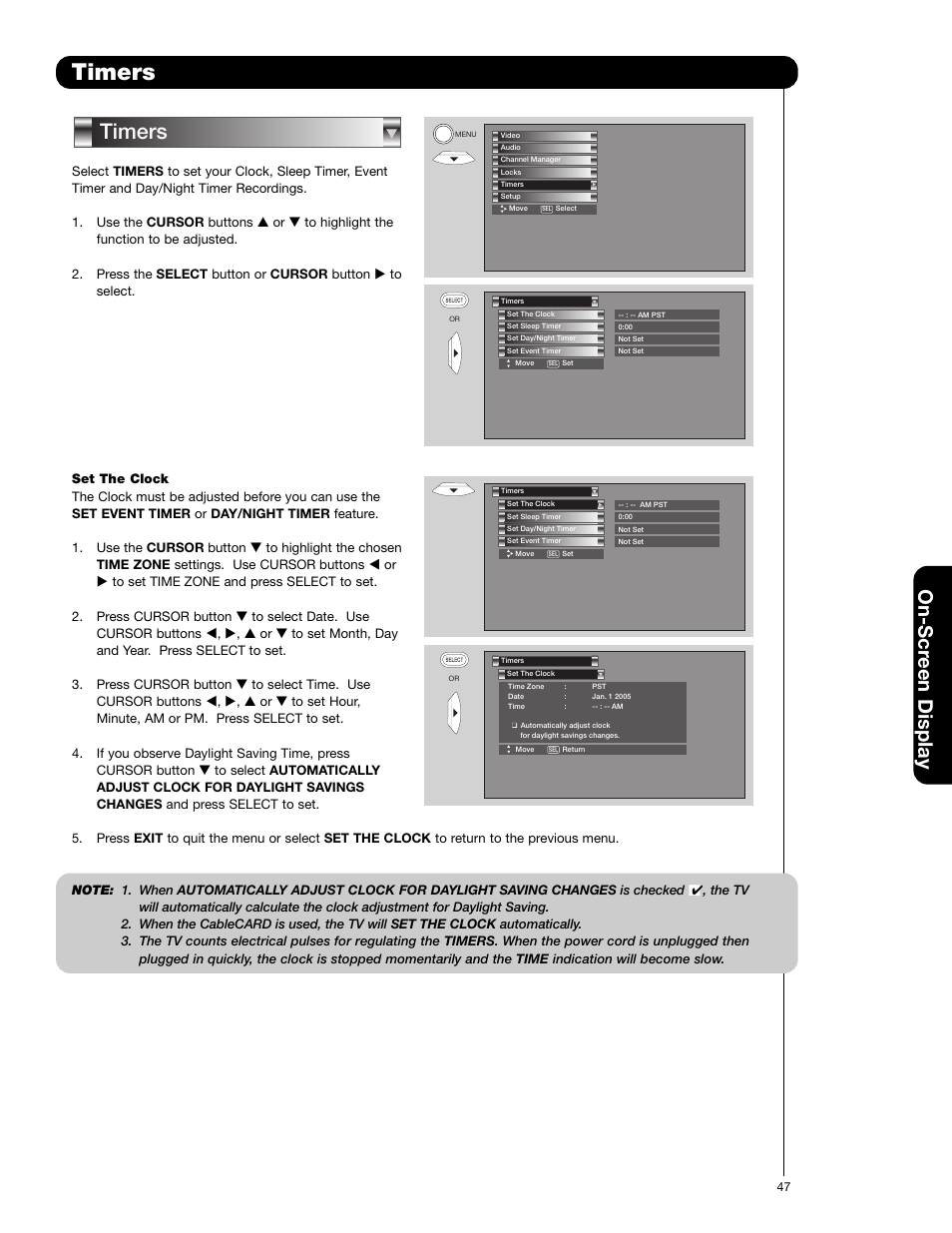 Timers, On-scr een display | Hitachi 50V720 User Manual | Page 47 / 72