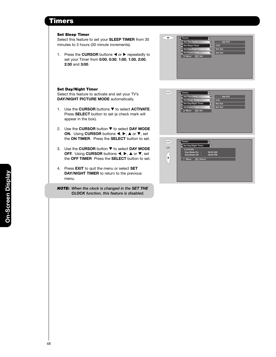 Timers, On-scr een display | Hitachi 50V720 User Manual | Page 48 / 72