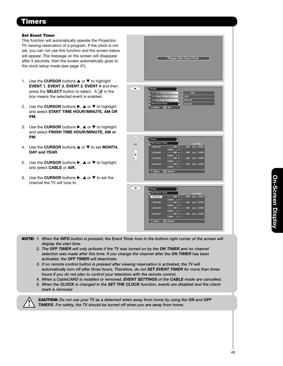 Timers, On-scr een display | Hitachi 50V720 User Manual | Page 49 / 72