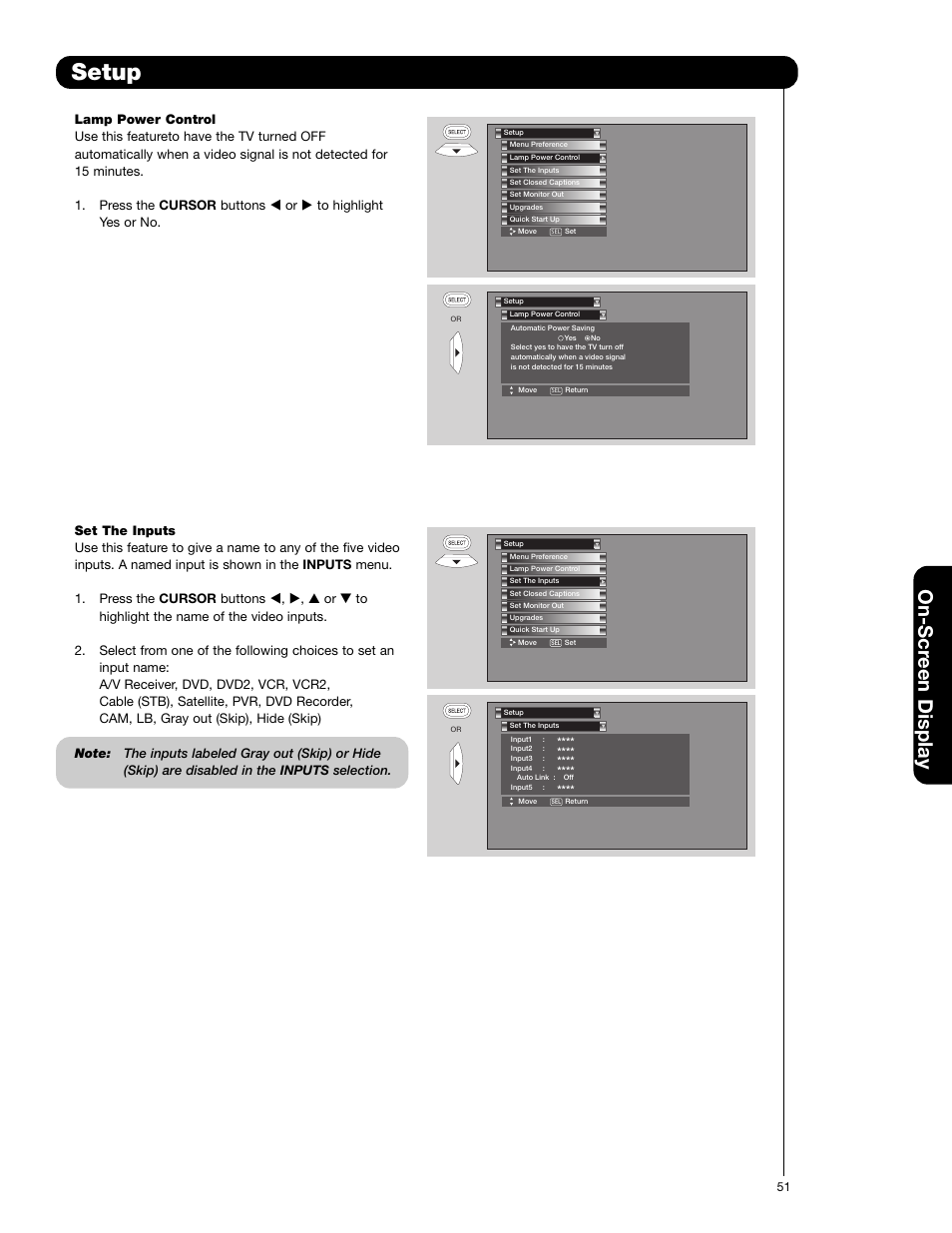 Setup, On-scr een display | Hitachi 50V720 User Manual | Page 51 / 72