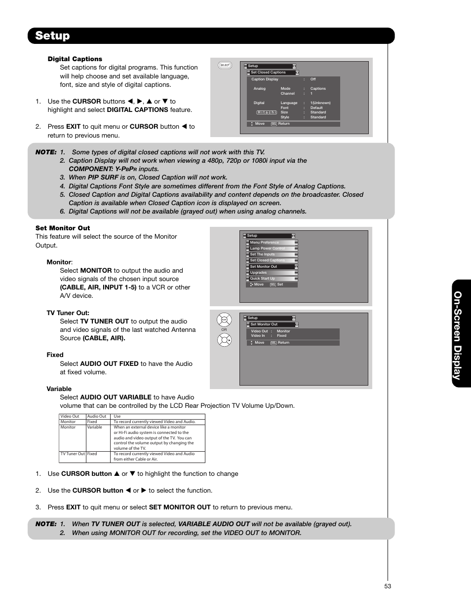 Setup, On-scr een display | Hitachi 50V720 User Manual | Page 53 / 72