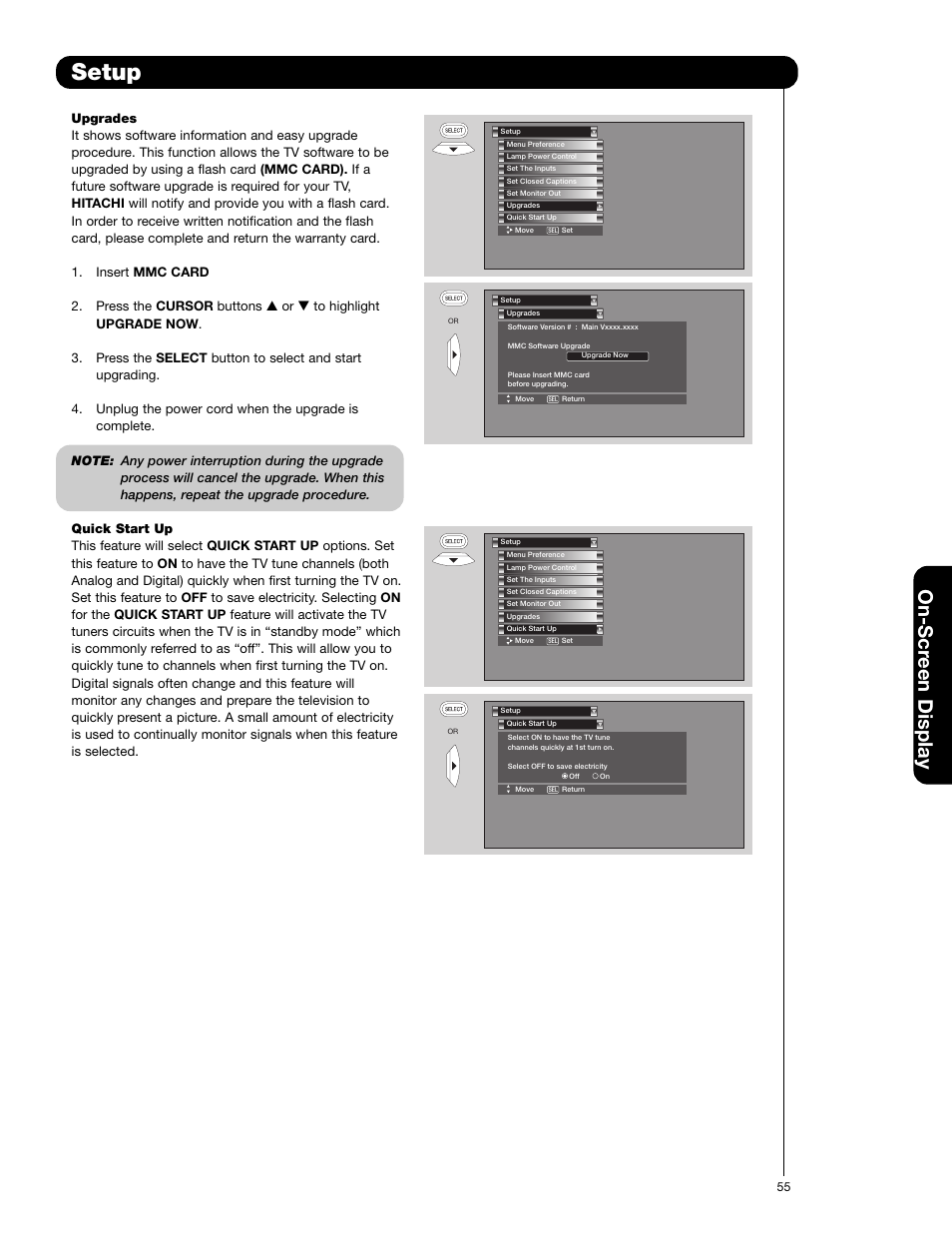 Setup, On-scr een display | Hitachi 50V720 User Manual | Page 55 / 72