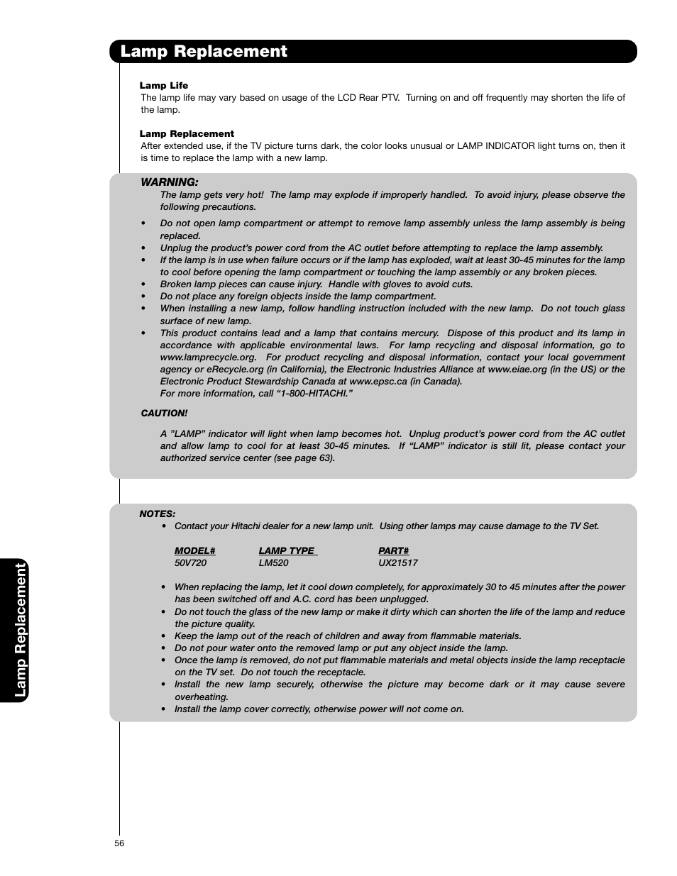 Lamp replacement | Hitachi 50V720 User Manual | Page 56 / 72