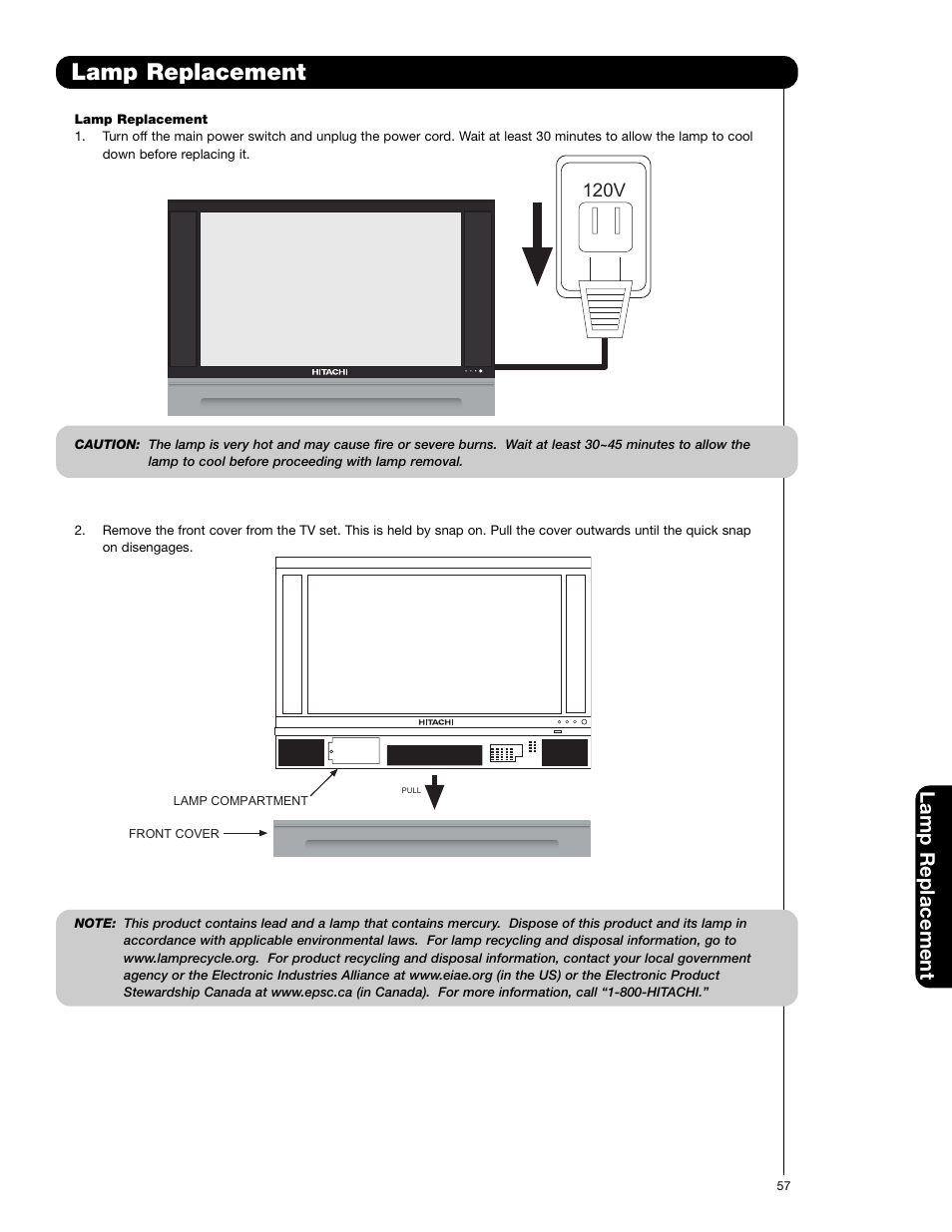 Lamp replacement, 120v | Hitachi 50V720 User Manual | Page 57 / 72