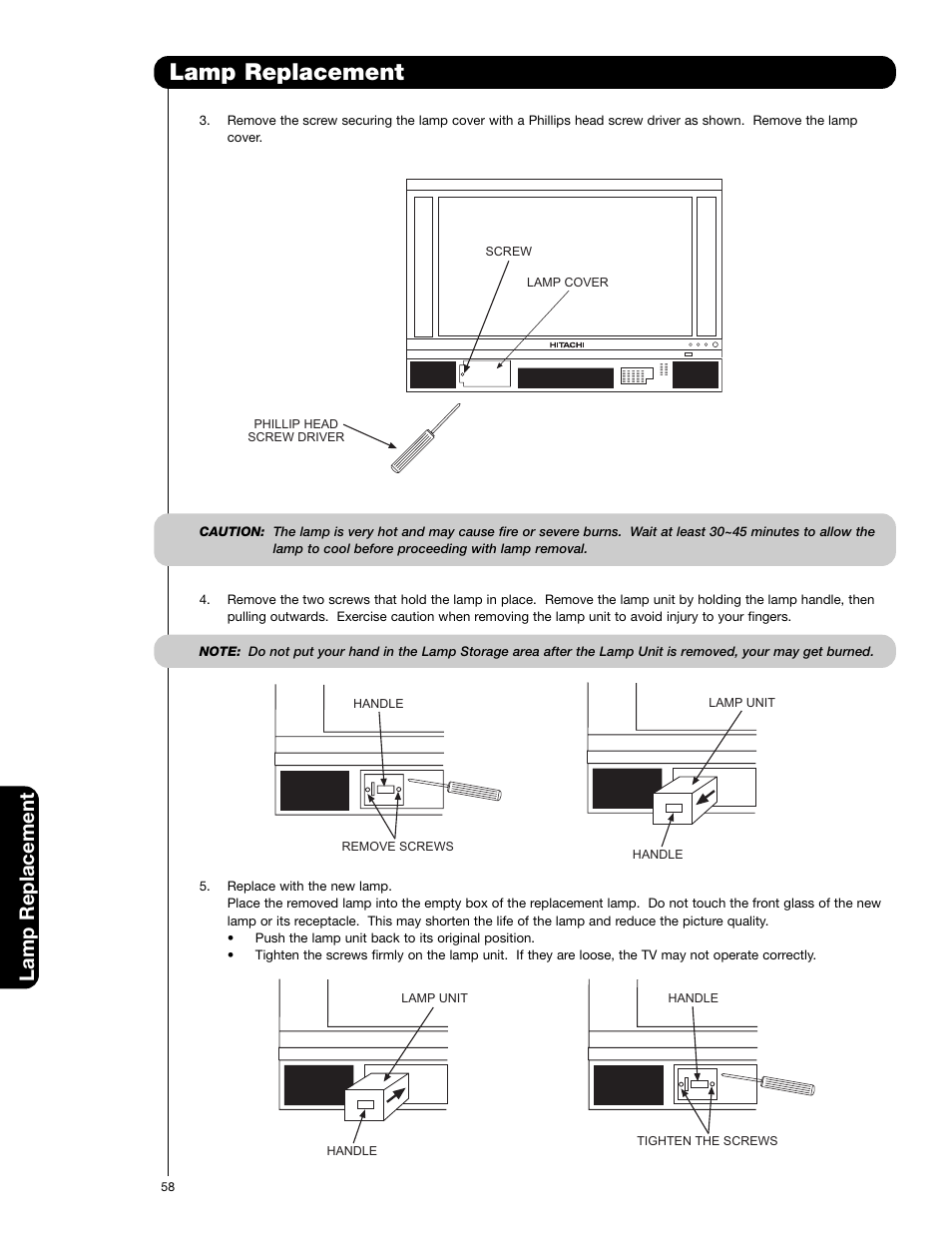 Lamp replacement | Hitachi 50V720 User Manual | Page 58 / 72