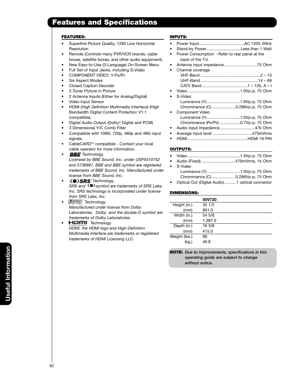 Features and specifications, Useful information | Hitachi 50V720 User Manual | Page 62 / 72