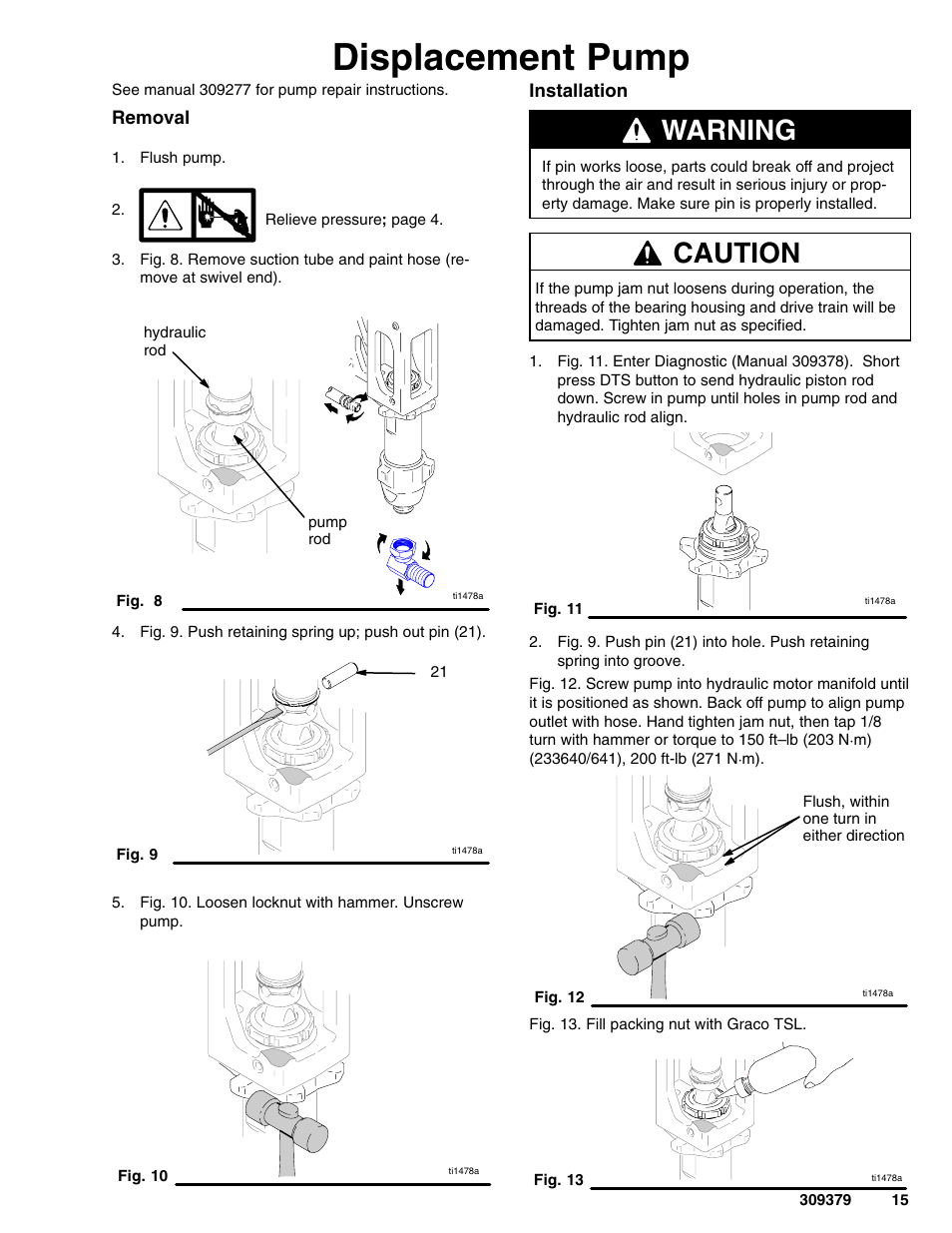 Displacement pump, Warning, Caution | Hitachi HYDRAMAX 309379 User Manual | Page 15 / 32