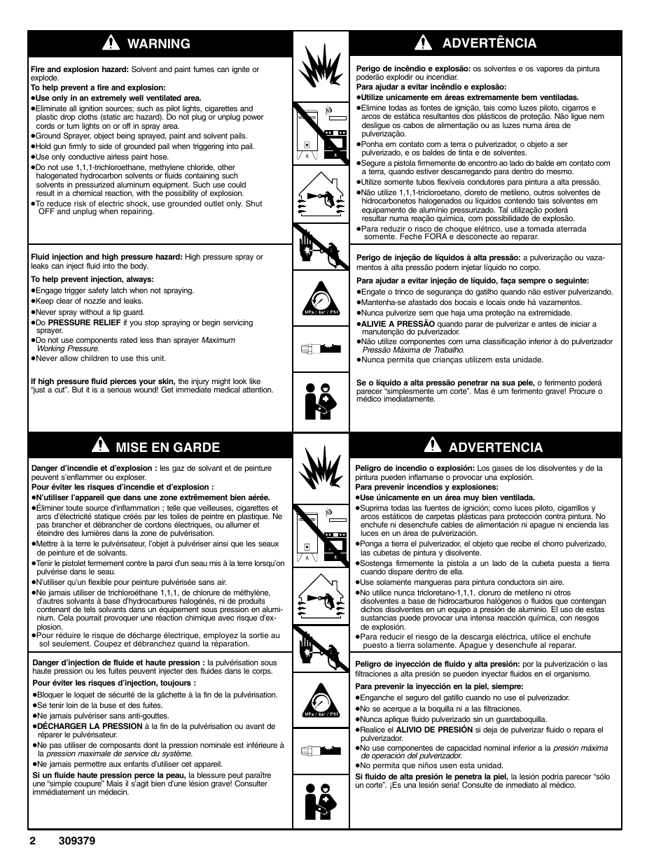 Mise en garde advertência, Advertencia, Warning | Hitachi HYDRAMAX 309379 User Manual | Page 2 / 32