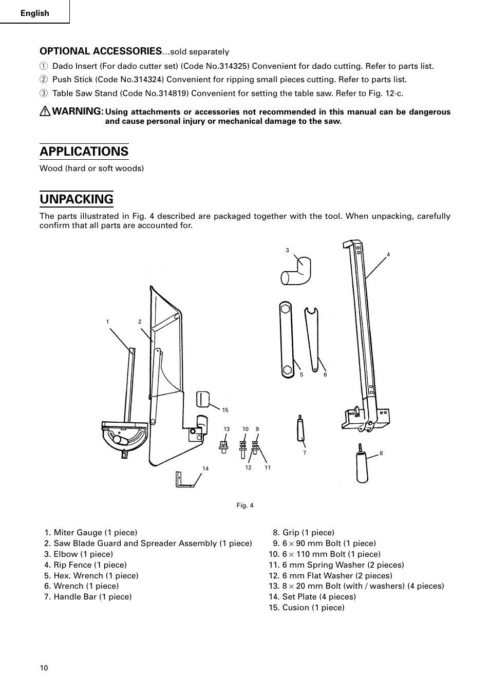 Applications, Unpacking, Optional accessories | Warning | Hitachi C 10RA2 User Manual | Page 10 / 85