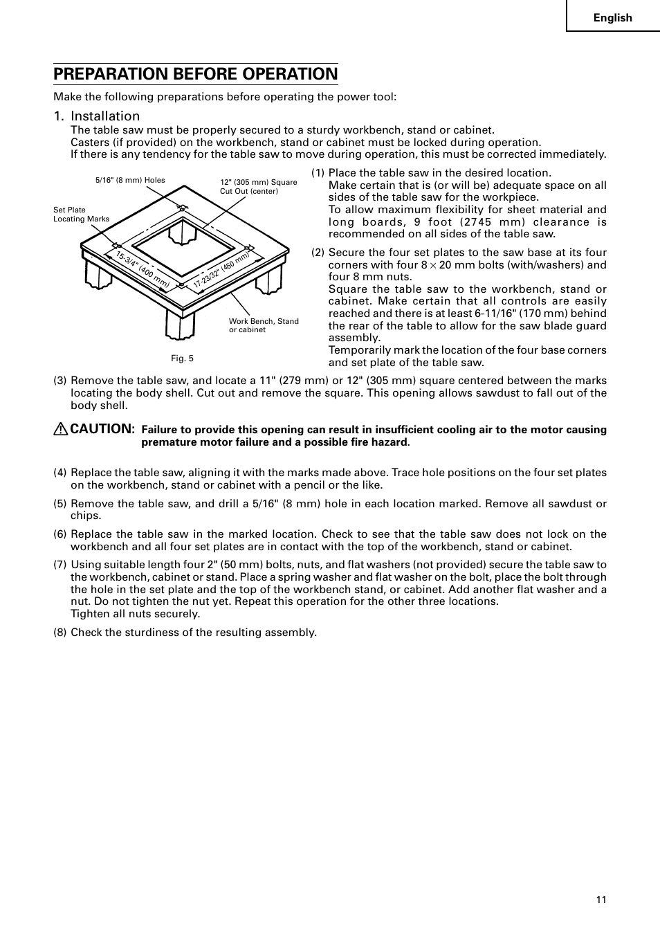 Preparation before operation, Installation, Caution | Hitachi C 10RA2 User Manual | Page 11 / 85