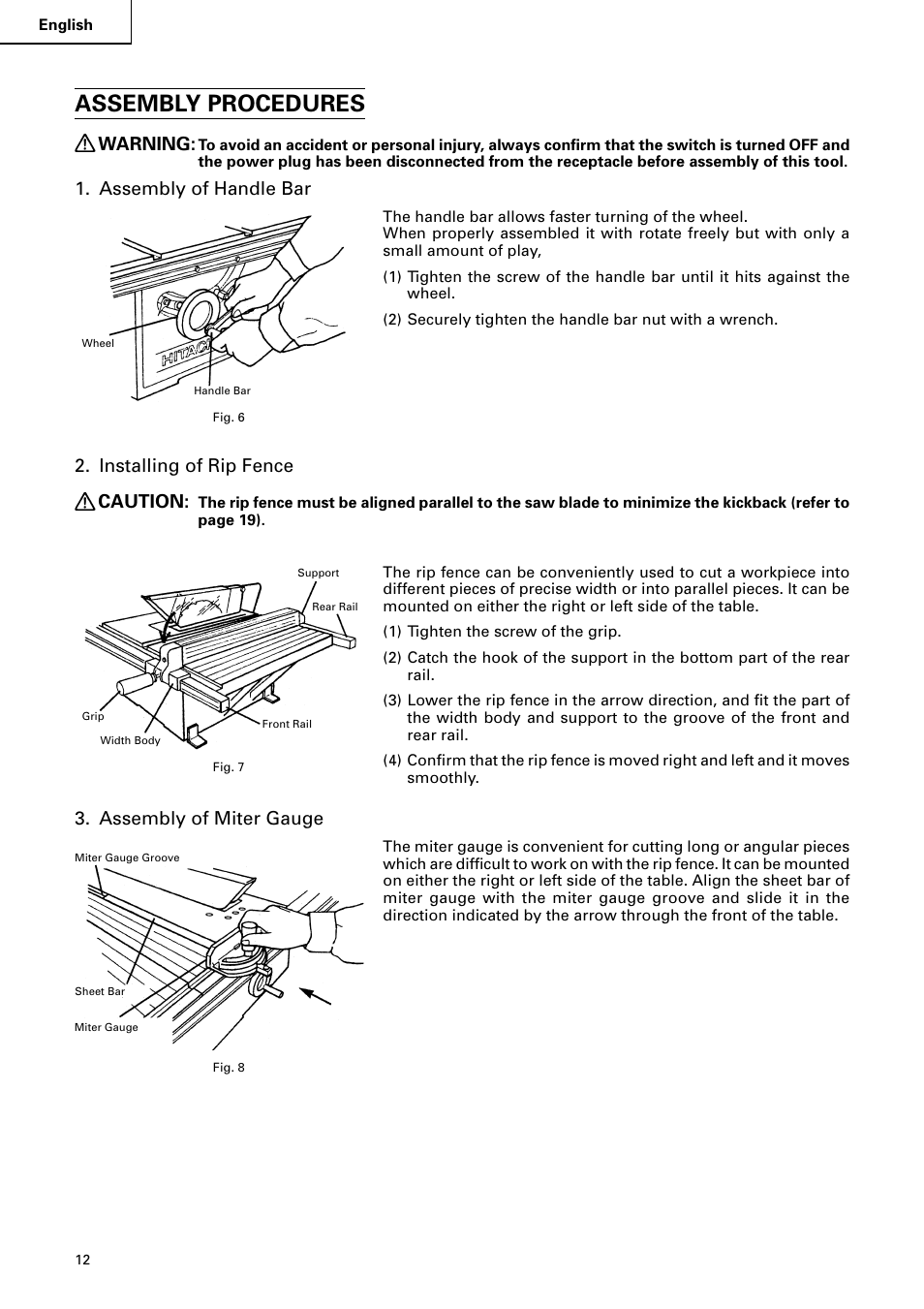 Assembly procedures, Warning, Assembly of handle bar | Installing of rip fence caution, Assembly of miter gauge | Hitachi C 10RA2 User Manual | Page 12 / 85