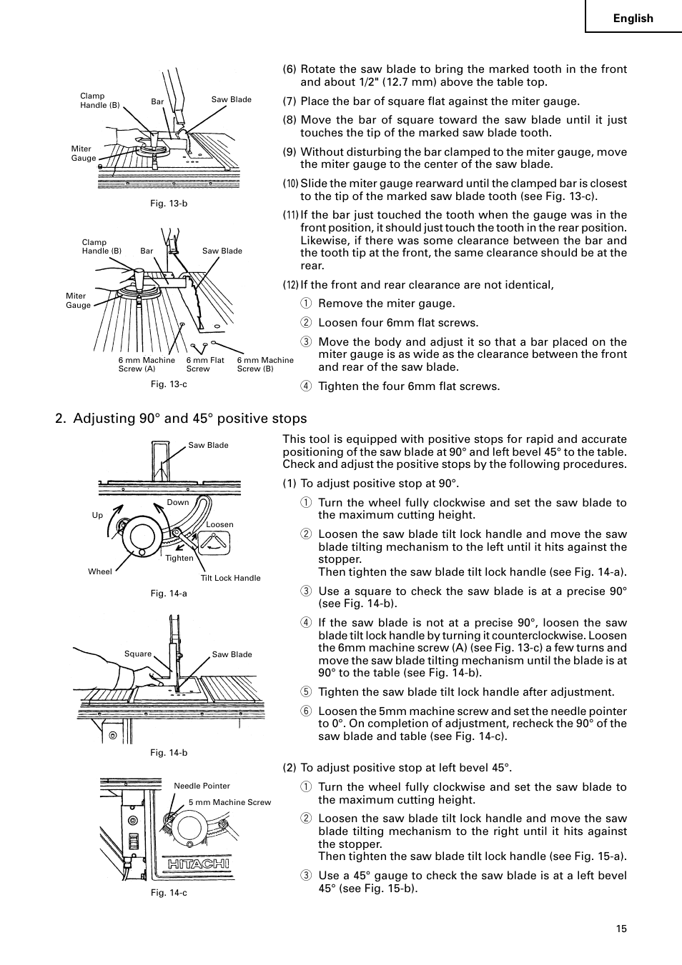 Adjusting 90° and 45° positive stops | Hitachi C 10RA2 User Manual | Page 15 / 85