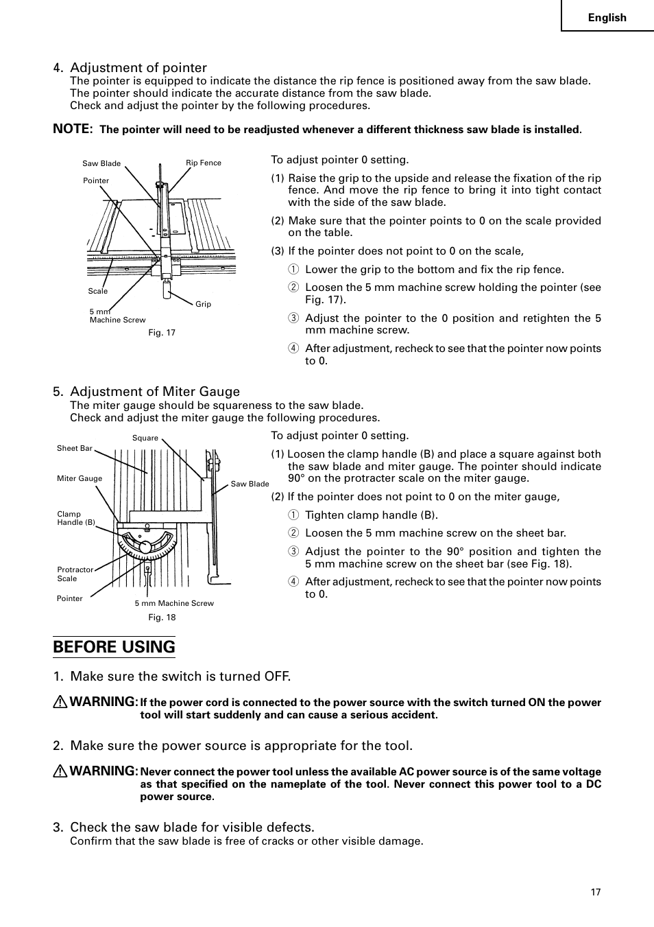 Before using, Adjustment of pointer, Adjustment of miter gauge | Make sure the switch is turned off. warning, Check the saw blade for visible defects | Hitachi C 10RA2 User Manual | Page 17 / 85