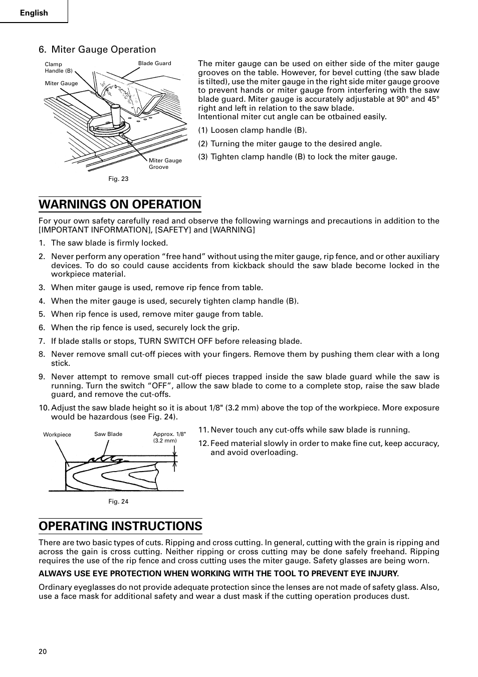 Warnings on operation, Operating instructions, Miter gauge operation | Hitachi C 10RA2 User Manual | Page 20 / 85