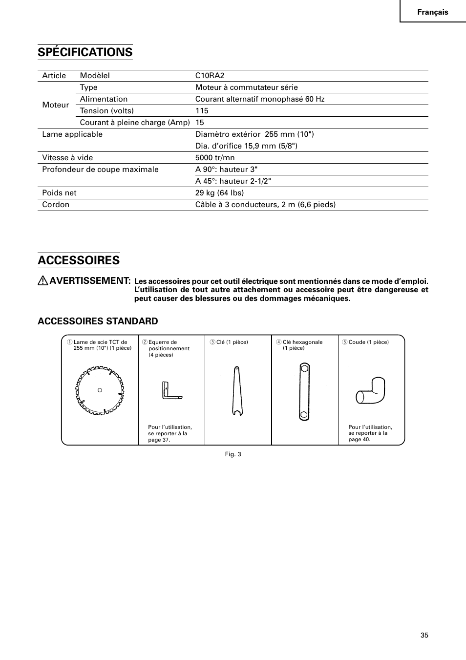Spécifications, Accessoires, Avertissement | Accessoires standard | Hitachi C 10RA2 User Manual | Page 35 / 85