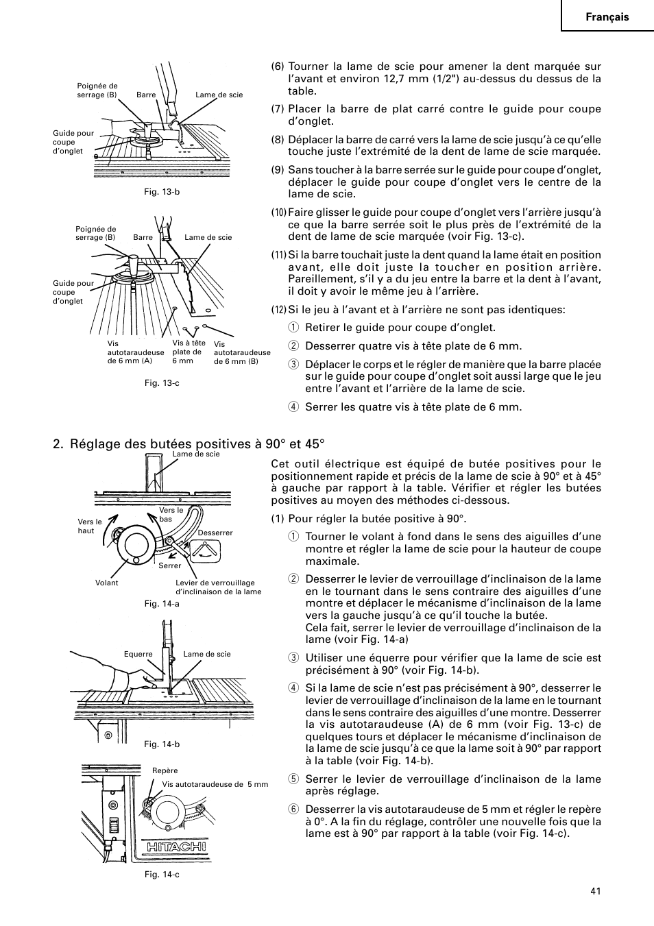 Réglage des butées positives à 90° et 45 | Hitachi C 10RA2 User Manual | Page 41 / 85