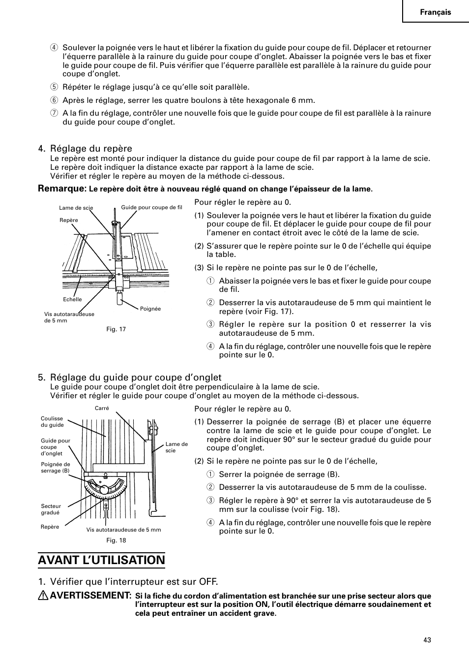 Avant l’utilisation, Réglage du repère, Remarque | Réglage du guide pour coupe d’onglet | Hitachi C 10RA2 User Manual | Page 43 / 85