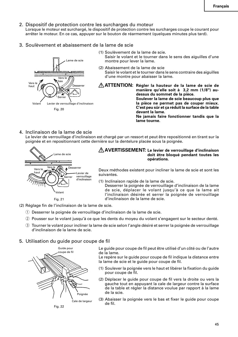 Soulèvement et abaissement de la lame de scie, Attention, Inclinaison de la lame de scie | Avertissement, Utilisation du guide pour coupe de fil | Hitachi C 10RA2 User Manual | Page 45 / 85