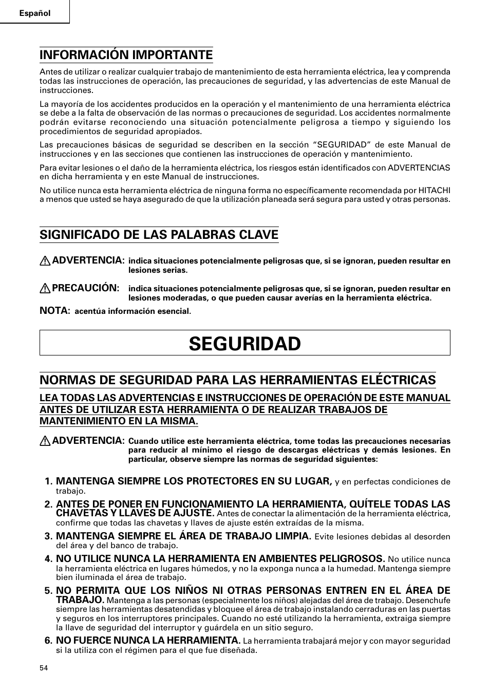 Seguridad, Información importante, Significado de las palabras clave | Hitachi C 10RA2 User Manual | Page 54 / 85