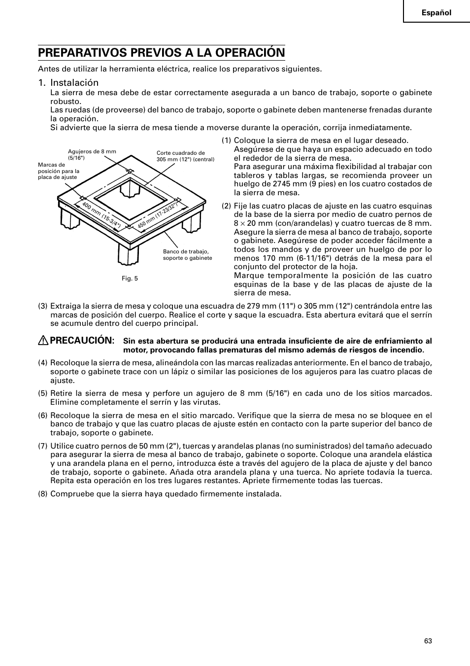 Preparativos previos a la operación, Instalación, Precaución | Hitachi C 10RA2 User Manual | Page 63 / 85