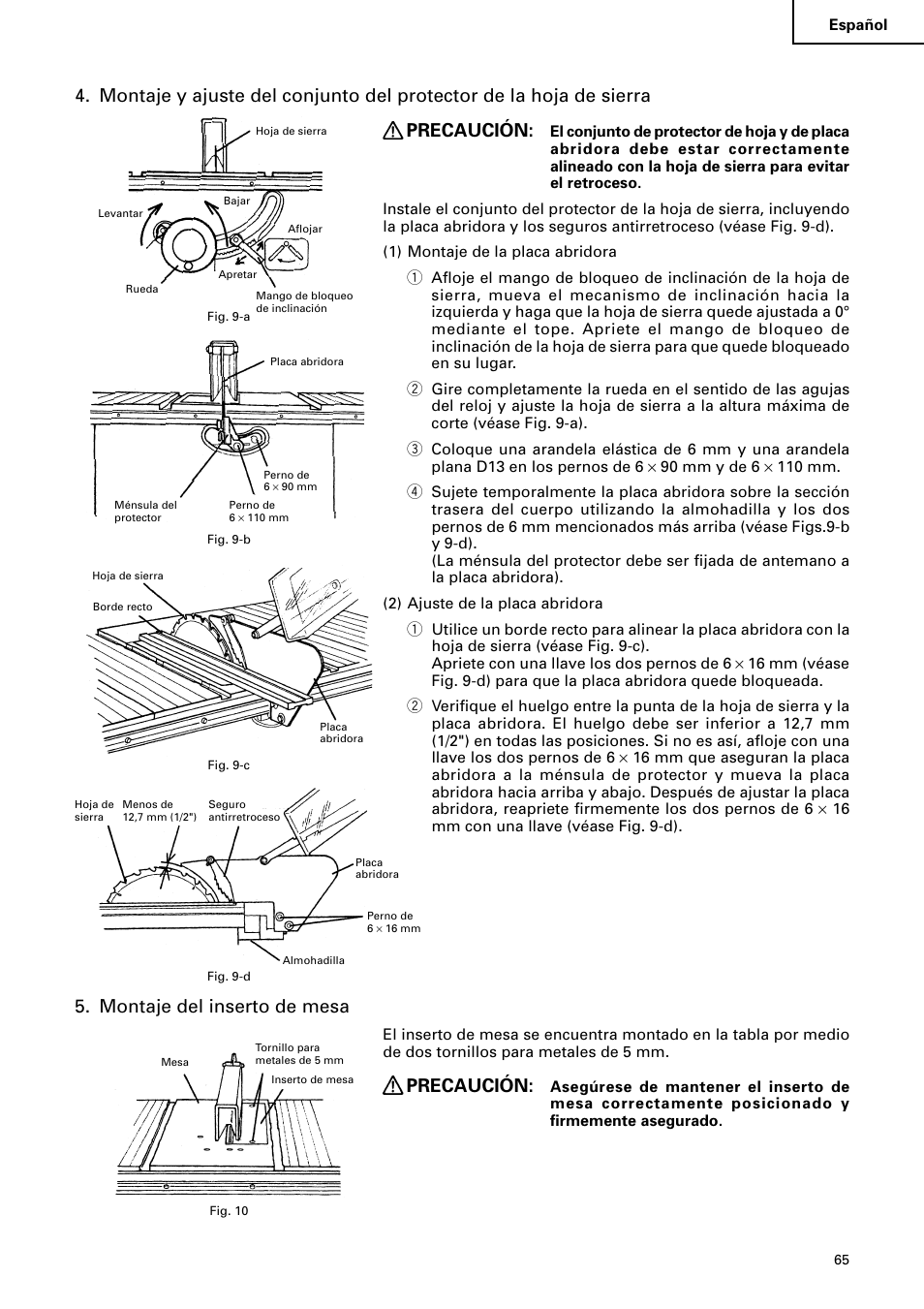 Montaje del inserto de mesa, Precaución | Hitachi C 10RA2 User Manual | Page 65 / 85