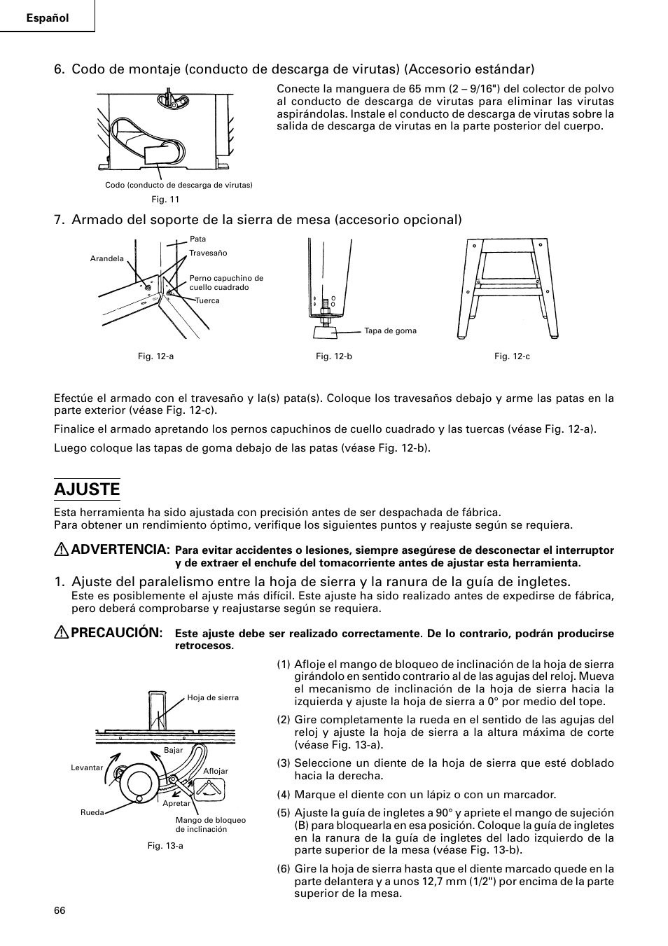 Ajuste, Advertencia, Precaución | Hitachi C 10RA2 User Manual | Page 66 / 85