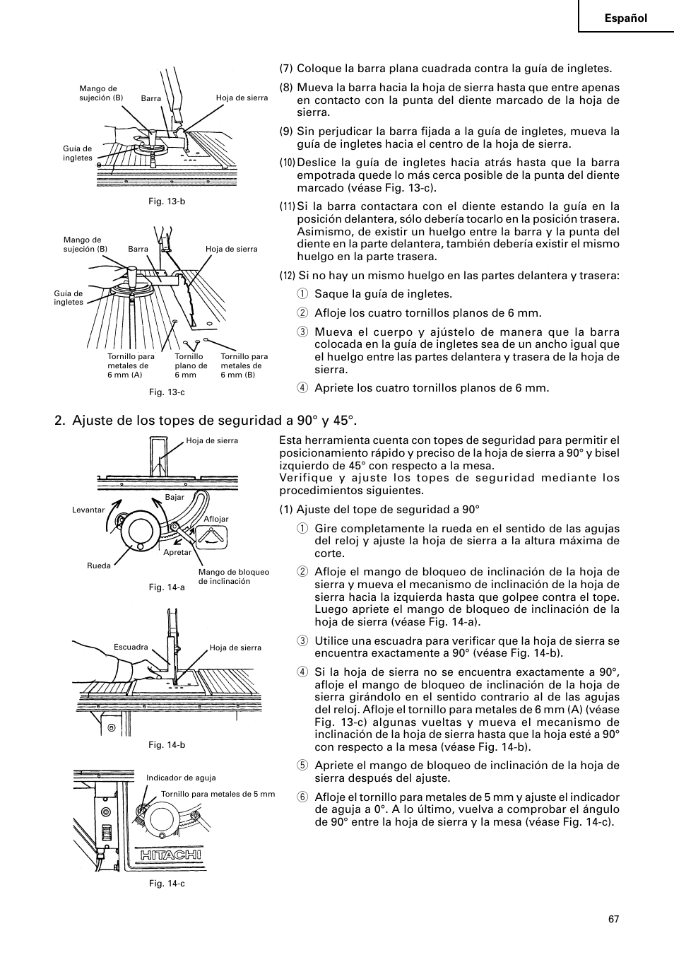 Ajuste de los topes de seguridad a 90° y 45 | Hitachi C 10RA2 User Manual | Page 67 / 85