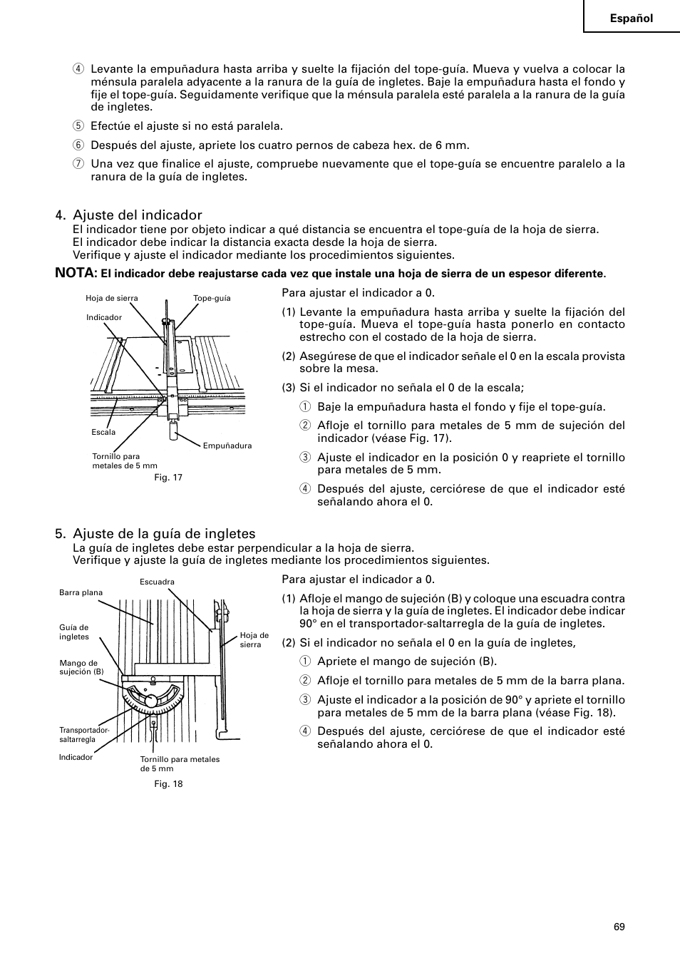 Ajuste del indicador, Nota, Ajuste de la guía de ingletes | Hitachi C 10RA2 User Manual | Page 69 / 85
