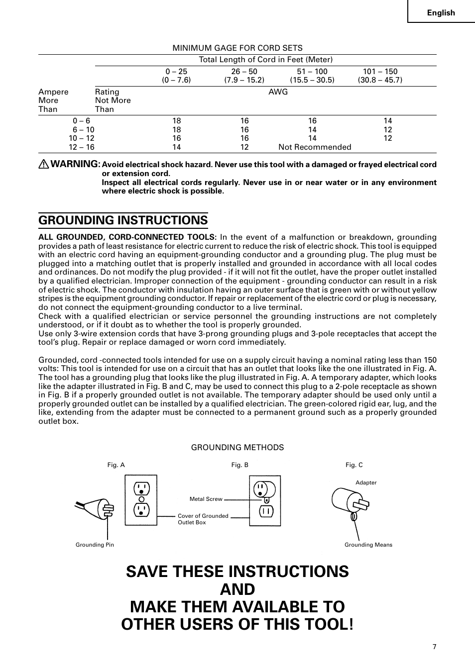 Grounding instructions | Hitachi C 10RA2 User Manual | Page 7 / 85