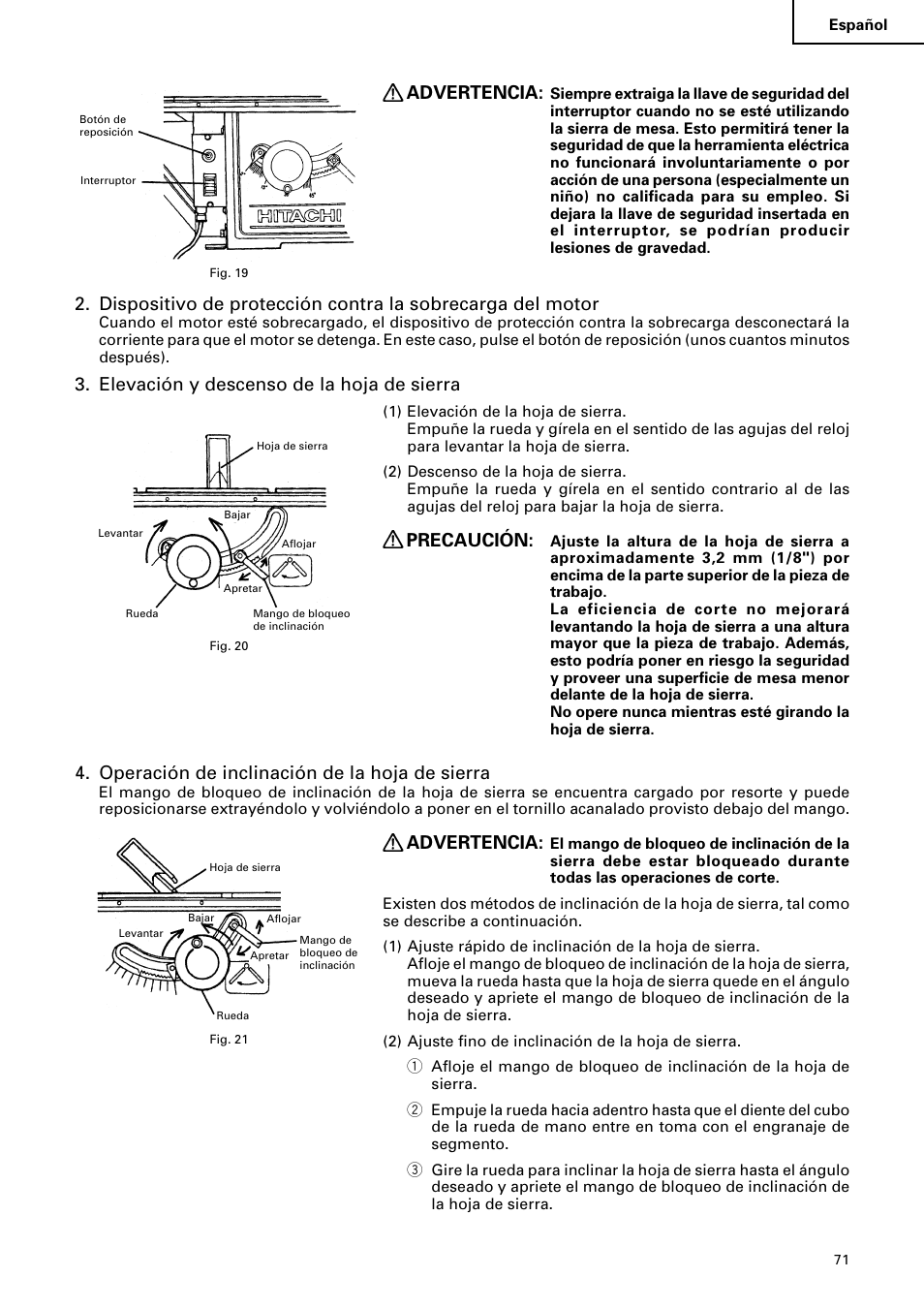 Advertencia, Elevación y descenso de la hoja de sierra, Precaución | Operación de inclinación de la hoja de sierra | Hitachi C 10RA2 User Manual | Page 71 / 85