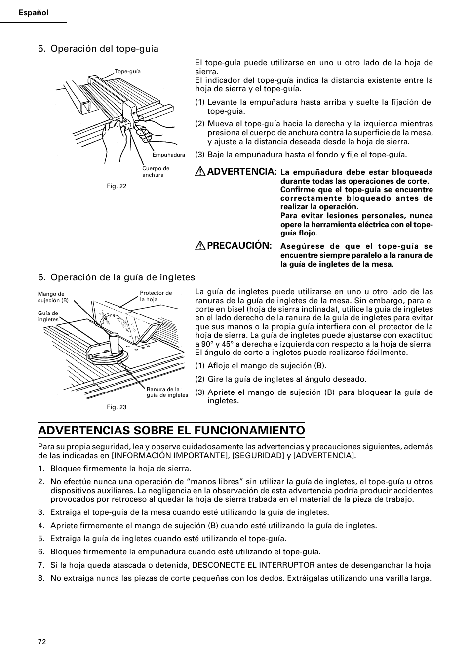 Advertencias sobre el funcionamiento, Operación del tope-guía, Advertencia | Precaución, Operación de la guía de ingletes | Hitachi C 10RA2 User Manual | Page 72 / 85