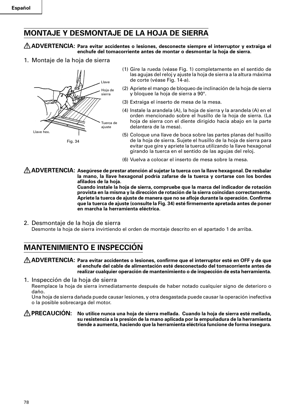 Montaje y desmontaje de la hoja de sierra, Mantenimiento e inspección | Hitachi C 10RA2 User Manual | Page 78 / 85