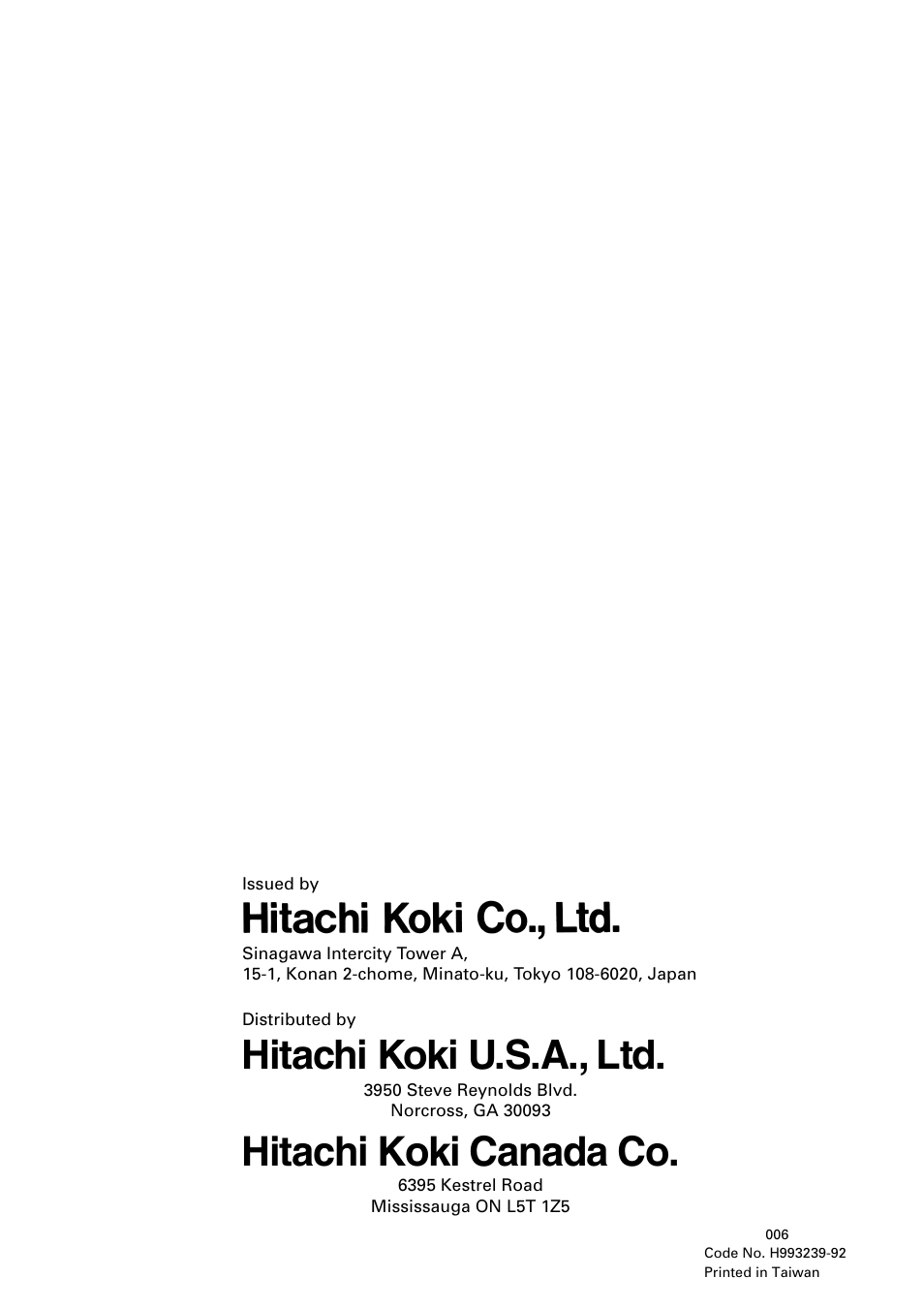 Hitachi koki canada co, Hitachi koki u.s.a., ltd | Hitachi C 10RA2 User Manual | Page 85 / 85