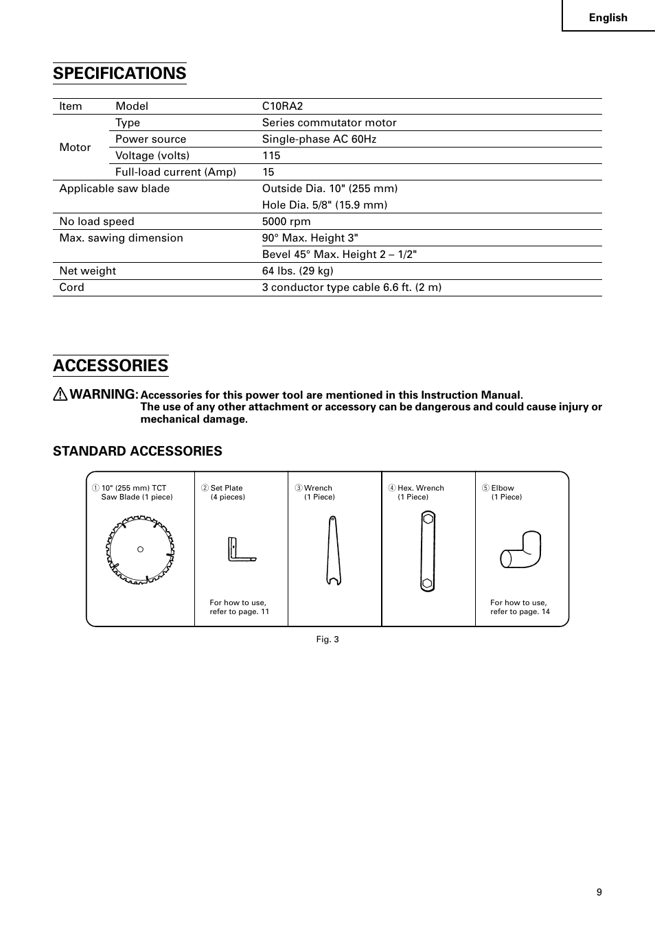 Specifications, Accessories, Warning | Standard accessories | Hitachi C 10RA2 User Manual | Page 9 / 85