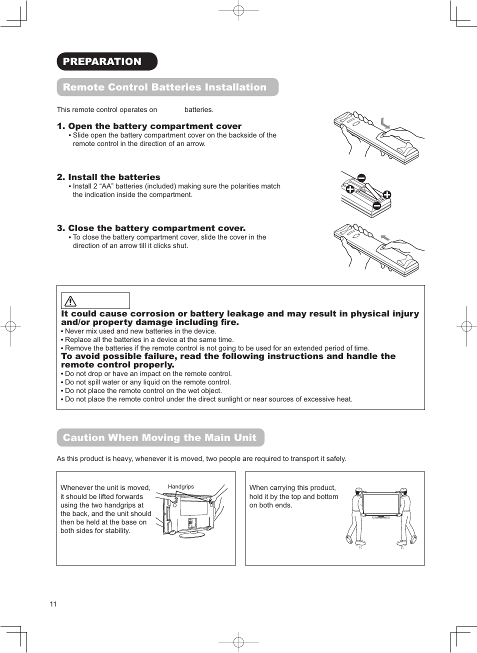 Caution when moving the main unit, Preparation remote control batteries installation, Caution | Hitachi 42PD8800TA User Manual | Page 12 / 62