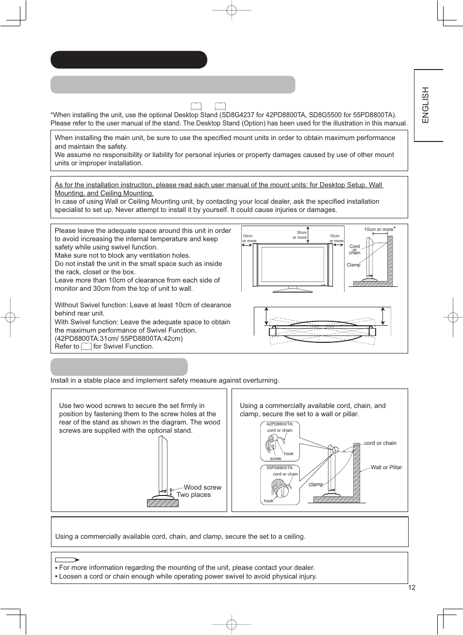 Anti-tumble measures, English, Read safety precautions | Carefully besides this page, Securing to a wall or pillar, Securing on desktop, Securing to ceiling | Hitachi 42PD8800TA User Manual | Page 13 / 62