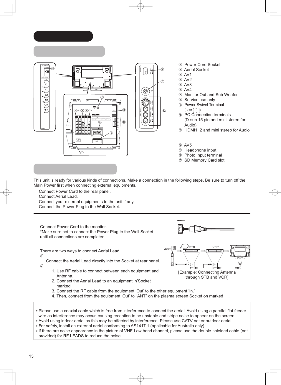 Connection terminal positions, Connecting procedure, Rear | Side, Connecting power cord to the rear panel, Connecting aerial lead, Precautions when connecting the aerial | Hitachi 42PD8800TA User Manual | Page 14 / 62