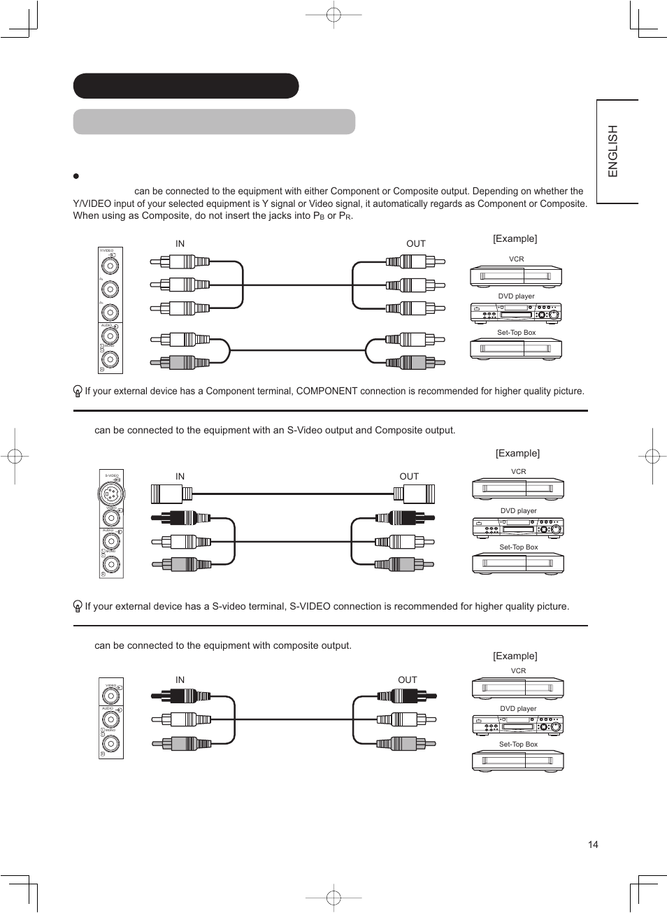 English, Connecting to external equipment terminals on rear, Or p | Example | Hitachi 42PD8800TA User Manual | Page 15 / 62