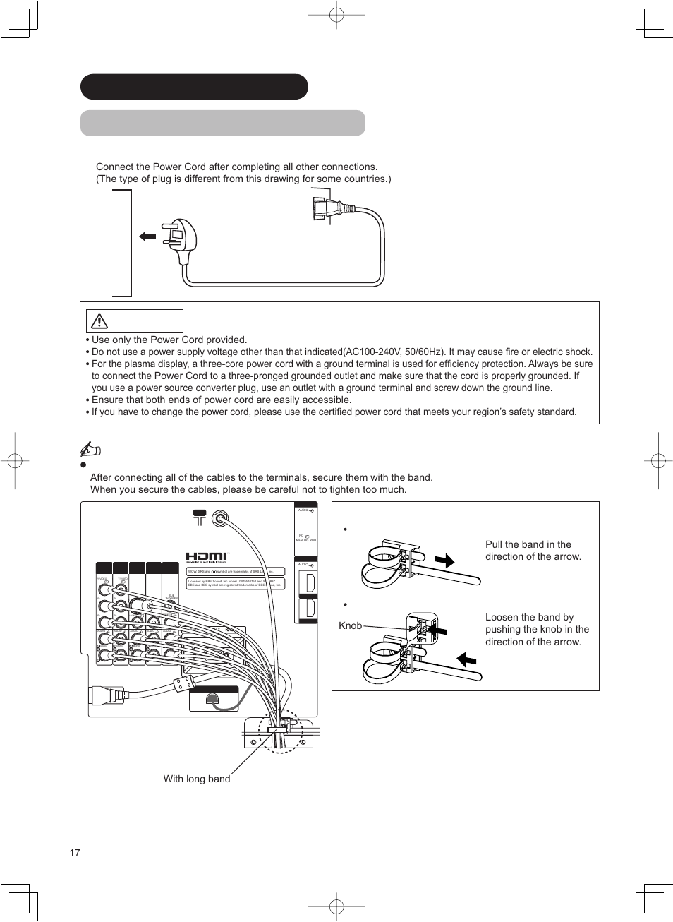 Caution, Information how to secure the cables, Connecting the plug into the wall socket | How to fasten the band | Hitachi 42PD8800TA User Manual | Page 18 / 62