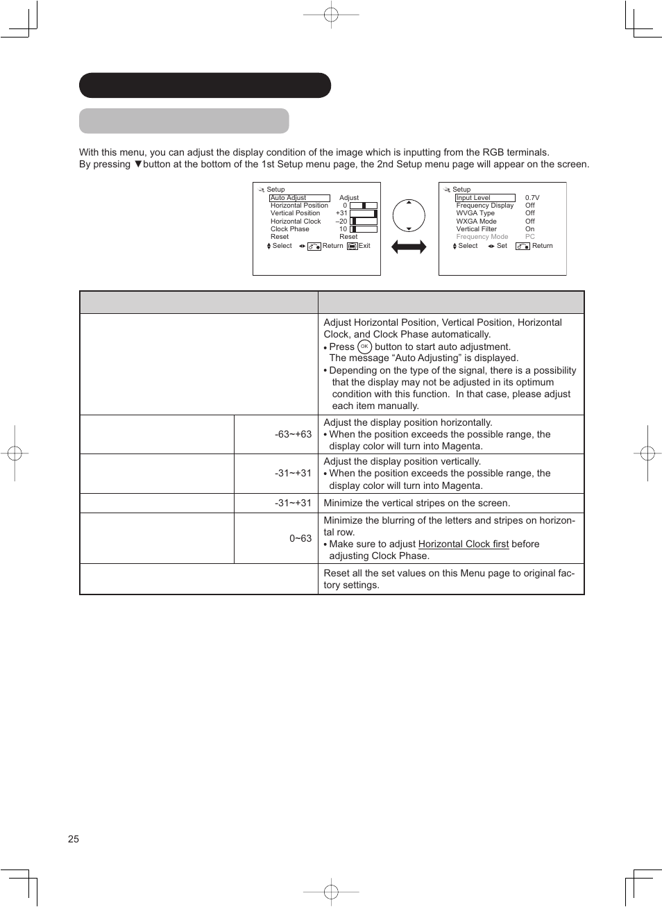 Menu operation (continued) setup menu (rgb mode) | Hitachi 42PD8800TA User Manual | Page 26 / 62